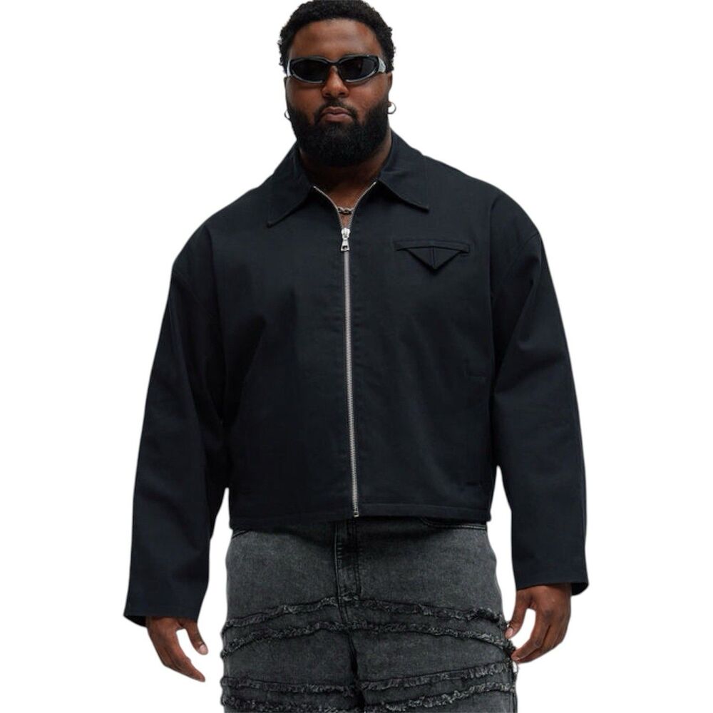 Fashion Nova Men's Size L Cropped Zip Up Jacket Black Fold Down Collar